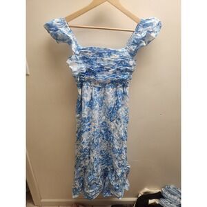 Blu Pepper Blue Floral Smocked Square Neck Midi Dress Size S